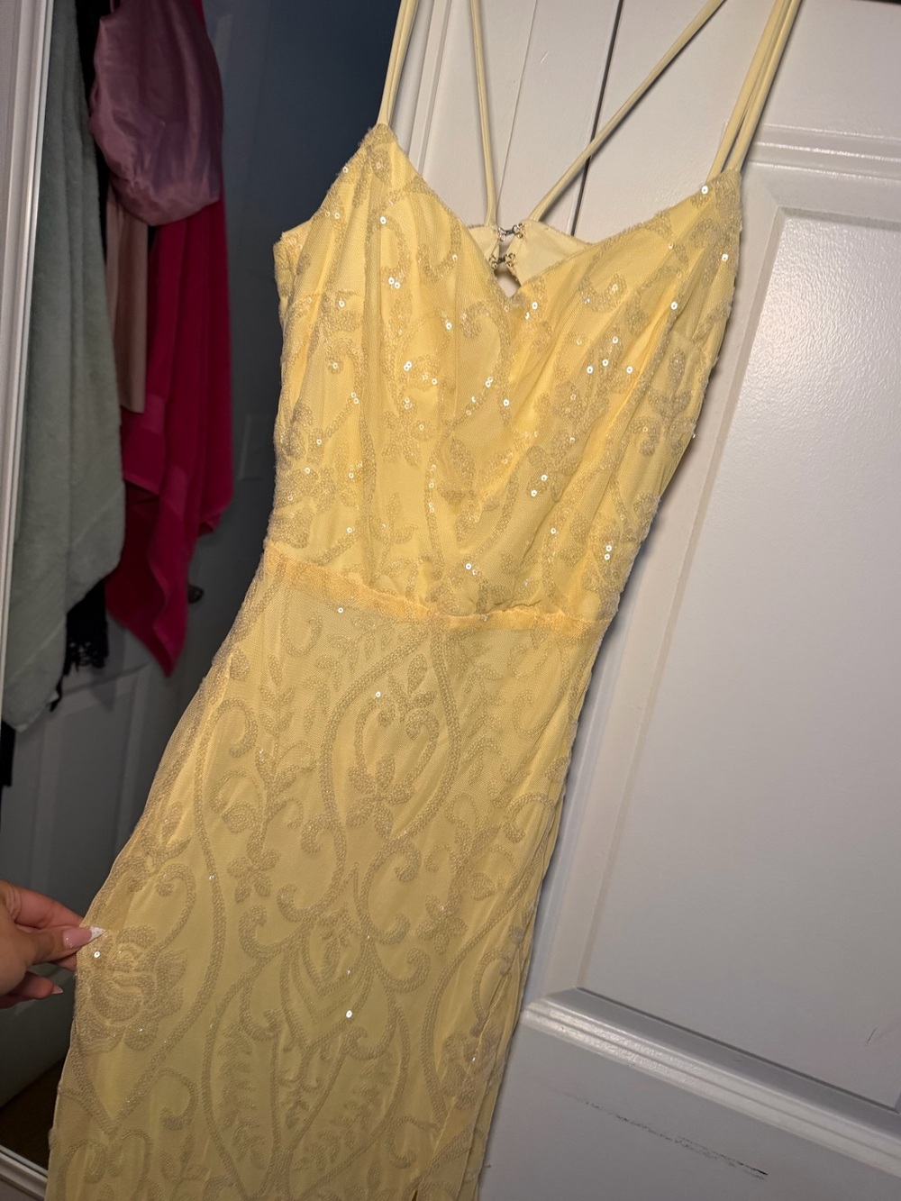 Yellow Sequin Spaghetti-Strap Evening Dress
